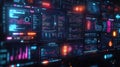 Many glowing screens display various data. Colorful glowing graphs, codes visible on many computer screens. Tech screens showcase