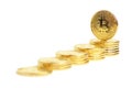 Many gold bitcoins, isolated.