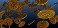 Many gold bitcoins laying on reflective surface, 3d Rendering