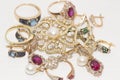 Many gold ornaments with rubies, diamonds, pearls, emeralds Royalty Free Stock Photo