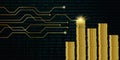 Many golden digital coins with binary code background finance concept