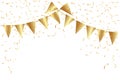 Many golden flags and confetti ribbon isolated on white background. Vector Royalty Free Stock Photo