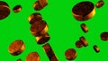 Many golden hockey pucks on chromakey background. 3D render.