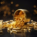 Many golden pills with medicine bottle