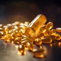 Many golden pills with medicine bottle