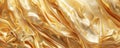 Many golden silk materials wave in the wind, intertwining, with copy space.