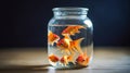 Many goldfish in a small glass jar