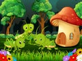 Many grasshopper and a mushroom house in forest Royalty Free Stock Photo