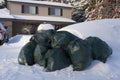 Many green garbage bags at curb winter snow