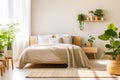 Many green potted houseplants in scandinavian interior design of modern bedroom with wooden shelf. Created with generative AI