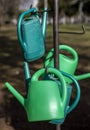 Many green watering cans