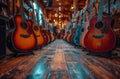 Many guitars are hanging in music store