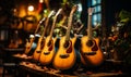 Many guitars standing. Musical modern instruments. Generative AI