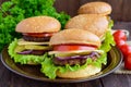 Many hamburgers at home (bun, tomato, cucumber, onion rings, lettuce, pork chops, cheese) Royalty Free Stock Photo