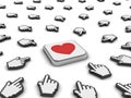Many hand cursors mouse clicking red heart button
