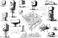 Many architectural sketches of a modern architecture and interior concepts
