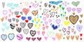 Many hand drawn hearts in different styles and colors