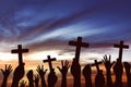 Many hand pray and holding christian cross Royalty Free Stock Photo