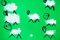 Many hand sheeps on green background. Like kids drawn flat doodle simple image. Child painting