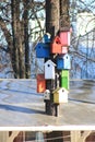 Many handmade birdhouses