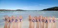 Many Hands Building Word Happy Holidays, Beach And Ocean