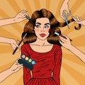 Many Hands Doing Glamour Make up for Young Woman. Pop Art Royalty Free Stock Photo