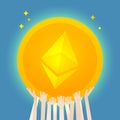 Many hands hold a huge ethereum coin. Concept illustration. Flat style design,