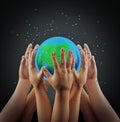 Many hands holding earth, 3d rendering