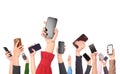 Many hands holding mobile phones