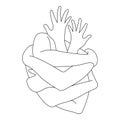 Many hands hugging each other, the silhouette resembles a human heart. Concept of love and relationships