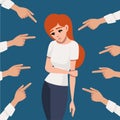 Many hands pointing the sad redhead upset woman looking down flat vector illustration on blue background