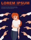 Many hands pointing the sad redhead upset woman looking down flat vector illustration on dark background