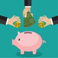 Many hands putting coin and money into a piggy bank. Saving and investing money concept. Flat style.