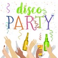 Many hands raised up with disco party text holding bottles Royalty Free Stock Photo