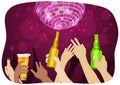 Many hands raised up holding bottles and mugs of beer at party with disco ball