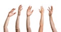 Many hands raised up. Isolated on white background Royalty Free Stock Photo