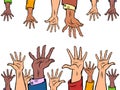 Many hands reach out to each other