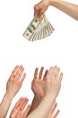 Many hands reaching out for money Royalty Free Stock Photo