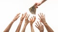 Many hands reaching out for money Royalty Free Stock Photo