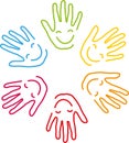 Many hands with smile, children and kindergarden background, people and kids logo, kids and pediatrician logo, kids background