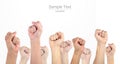 Many hands thumbs up isolated white background