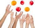 Many hands want to catchs fruits, isolated on white Royalty Free Stock Photo