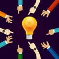 Many hands working together for an idea. a bulb lamp shine. concept of teamwork collaboration and participation in Royalty Free Stock Photo