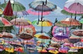 Many hanging umbrellas