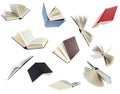 Many hardcover books falling on white background