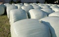 Hay bales coating with plastic film for protection from the over Royalty Free Stock Photo