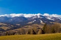 Many haystacks on hill slope in highland area of Carpathian Mountains in Transcarpathia, food for sheep and goats, early spring Royalty Free Stock Photo