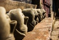 Many head mould of godess durga made of earth for idol construction at kumartuli.Durga Puja