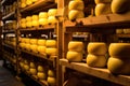 Many heads of yellow dutch cheese in wax ripen on wooden shelves in a cheese factory