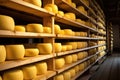 Many heads of yellow dutch cheese in wax ripen on wooden shelves in a cheese factory